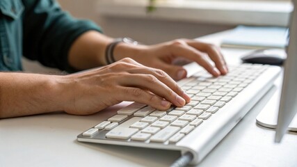 Close-Up of Hands Typing on White Keyboard, 4K Image