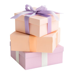 elegant gift box stack in blush, lavender, and peach colors, ribbon details, white background