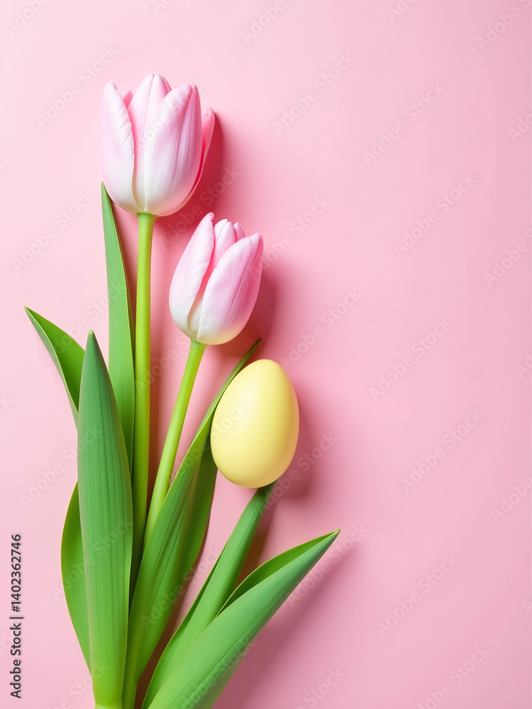 Poster pink spring tulips and pastel colored eggs are arranged vertically on a pink background in this flat