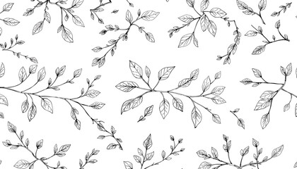Seamless Botanical Leaf Pattern in Black and White