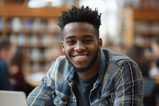 Portrait of young Black male student sitting in university library at table with a laptop computer ad smiling at camera, Generative AI
