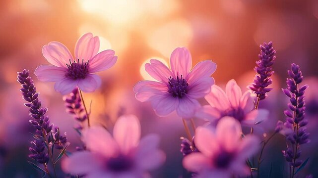 Serene meadow at dawn with soft pink sky and blooming white and purple flowers