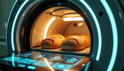Freshly baked bread in modern microwave oven with digital controls and glowing lights with copy space