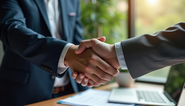 Business handshake in office setting symbolizing partnership and success