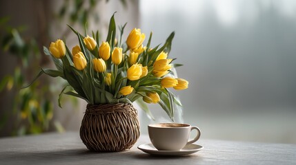 Yellow Tulip Bouquet in Basket with Coffee Cup on Table &ndash; Cozy Spring Morning with Foggy Background and Warm Light