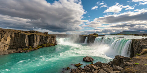 Breathtaking landscape featuring a powerful waterfall cascading into a clear river, surrounded by lush green hills, pine trees, and dramatic sunlight breaking through the clouds.