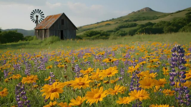 Picturesque wildflower meadow with a rustic windmill in the background