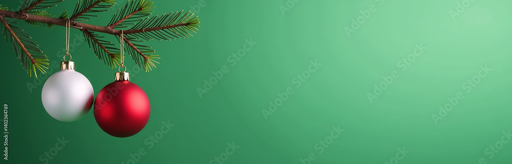 Poster Red And White Christmas Tree Ornaments Hang From Pine Branches Against A Simple Isolated Green Background With Space For Text.