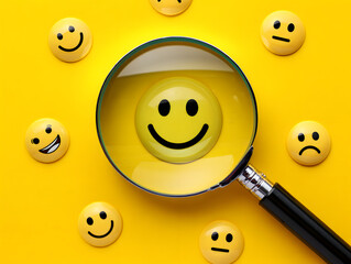 Customer review satisfaction feedback survey concept to gather insights and improve its services. A magnifying glass focuses on smile face among different feedback emoticons on yellow background