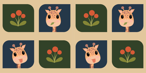Cute cartoon giraffe heads with spots and small horns, some with tongues out, alternating with stylized orange flowers and green leaves on a beige background. Seamless pattern.