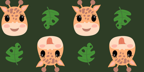 Cute cartoon giraffe heads with spots and small horns, some with tongues out, on green monstera leaves. Seamless pattern on green background.
