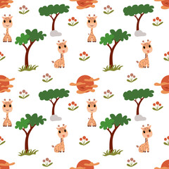 Seamless cute safari pattern with cartoon giraffes, acacia trees, flowers, and orange suns on a white background. Playful African wildlife design.
