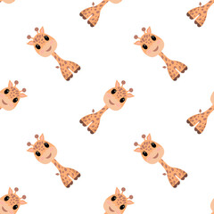 Seamless pattern with cute cartoon giraffe faces on a white background. Playful and cheerful design, perfect for kids, nursery, or baby products.
