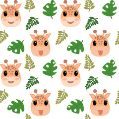 Seamless pattern with cute cartoon giraffe faces and tropical green leaves on a white background. Fun, jungle-themed design perfect for kids and nursery decor.
