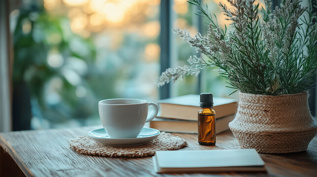 Cozy Coffee Break: A tranquil scene featuring a cup of coffee, a stack of books, essential oil bottle, and a vase of dried flowers sits on a rustic wooden table by a window.