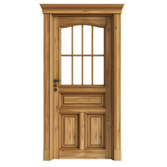 Wooden door with decorative top and glass panels isolated