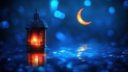 3d modern Islamic holiday banner, suitable for Ramadan, Raya Hari, Eid al Adha and Mawlid. A lit up lantern and crescent moon decor on serene evening blue background., copy space by ai generative ill