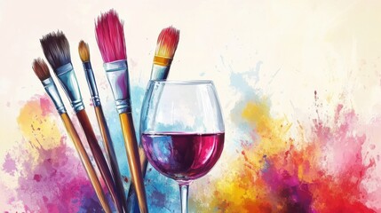 Art and wine night banner featuring paintbrushes, wine glasses, and vibrant splashes of color, designed to promote summer sip and paint events, creative workshops, art and wine experiences. illustrat