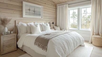 New England beach house-inspired bedroom featuring light wood planks, sea decor, and white linens. 