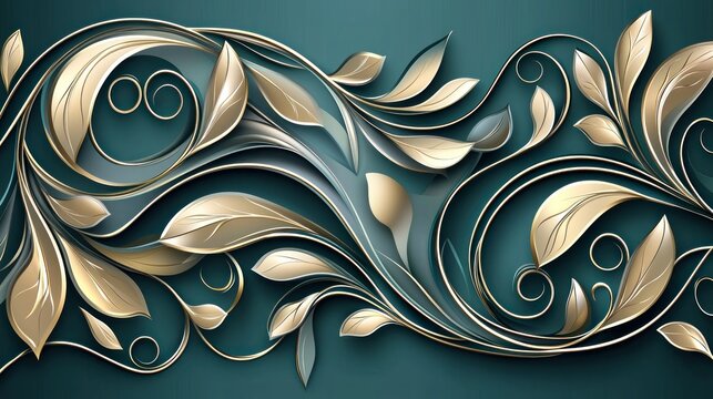 Ornate gold leaf scrollwork border on teal background
