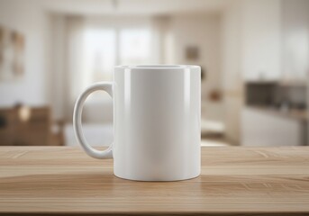 Blank White Coffee Mug on Wooden Table Perfect for Mockups and Designs