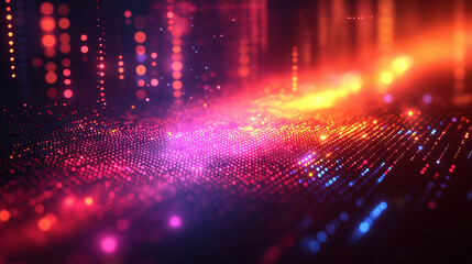 Abstract Digital Network: A captivating abstract digital landscape pulses with vibrant energy, showcasing a mesmerizing network of glowing particles and lines. The interplay of red, orange.