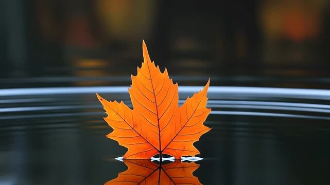 A solitary maple leaf floating on a tranquil pond