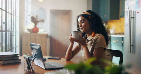 Woman, student and laptop with coffee in home for online course, e learning and development in morning. Girl, person and tea cup with computer for education, scholarship and class on web at house