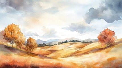 Beautiful watercolor landscape with hills, trees, and cloudy sky. illustration