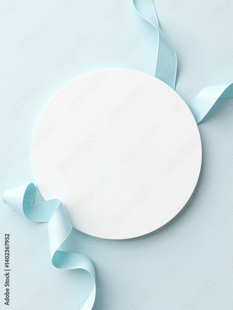 Poster simple yet elegant design featuring a minimalist white circle with delicate pastel blue ribbon on a 