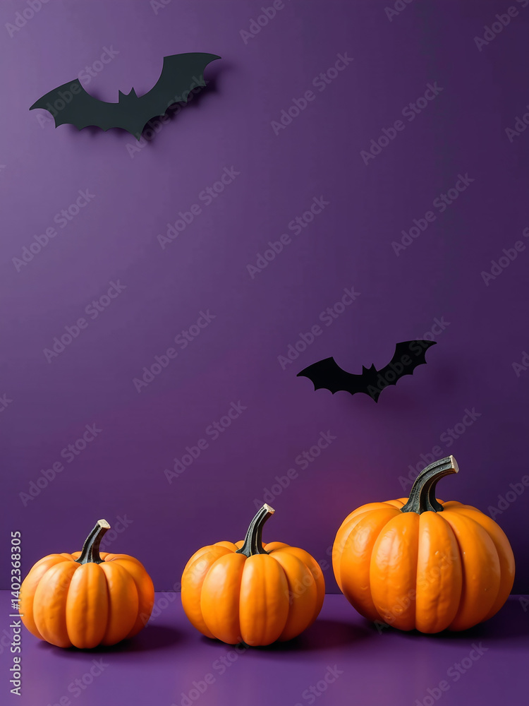 Poster small pumpkins and bat silhouettes adorn a dark violet background with plenty of empty space in this