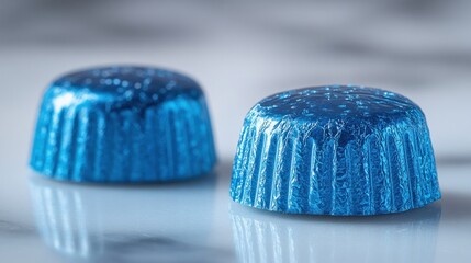 Two blue foil-wrapped chocolates on marble.