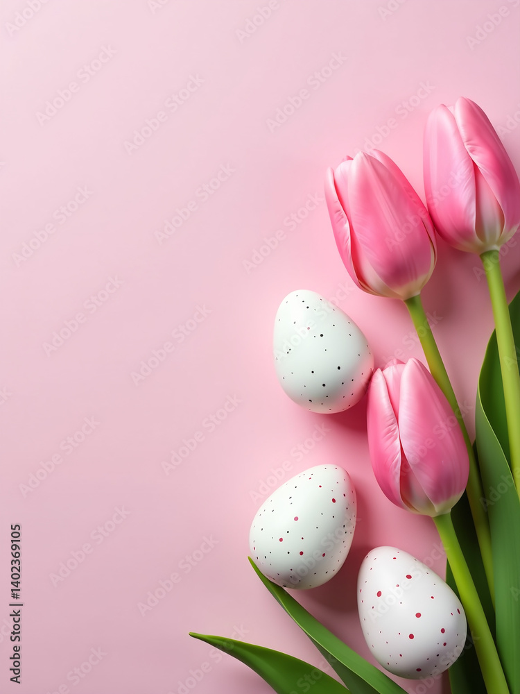 Poster Soft Pink Background Features A Creative Arrangement Of Pink Tulips And Speckled Easter Eggs In A Delicate Design.