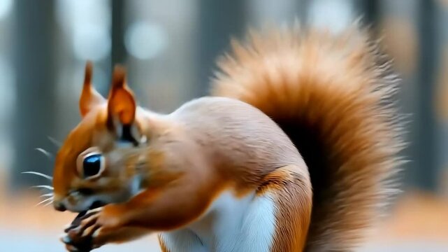 Squirrel gathering acorns among autumn leaves