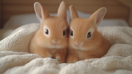 Two adorable baby bunnies nestled together in a soft blanket.