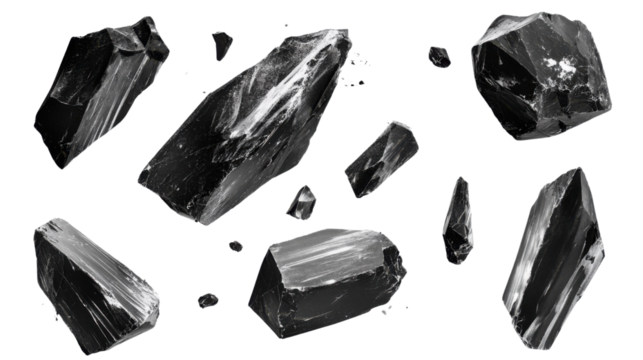 Black Chalk Pieces Flying Isolated on White Background for Educational Concept