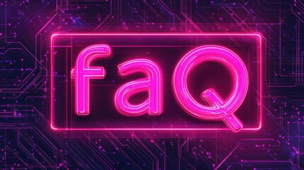 Vibrant pink neon "faq" sign set against a futuristic virtual tech background featuring digital lines and circuits, perfect for tech support, web design, or digital marketing. illustration