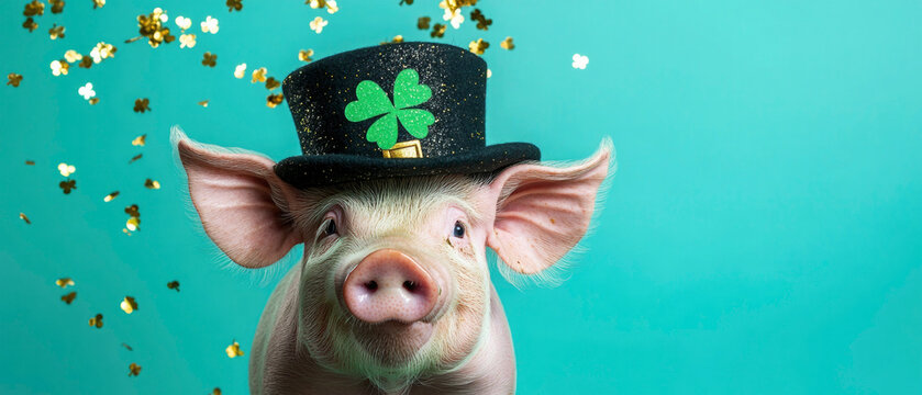 Happy Birthday, carnival, New Year's eve, sylvester or other festive celebration, funny animals card - pic with black hat, green cloverleaf, golden confettis, blue background, symbol of luck