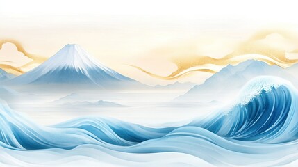 Serene Landscape with Mount Fuji and Majestic Waves in Soft Pastel Colors