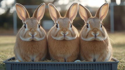 Fototapeta premium Three adorable rabbits in a gray container.