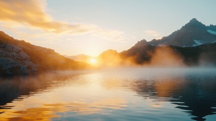 Obraz premium Beautiful sunrise over tranquil lake with mist and mountain silhouettes in the background