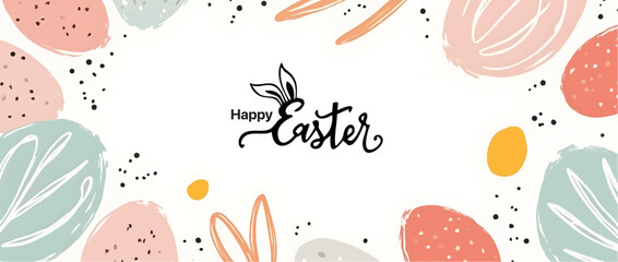 Happy Easter banner. Trendy Easter design with typography, hand painted strokes and dots, eggs, bunny ears, in pastel colors. Modern minimal Easter design with playful dots and egg shapes