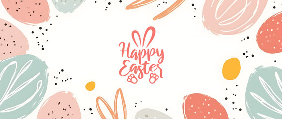 Happy Easter banner. Trendy Easter design with typography, hand painted strokes and dots, eggs, bunny ears, in pastel colors. Modern minimal Easter design with playful dots and egg shapeser (24.eps