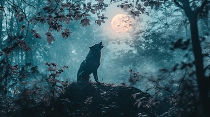 Howling wolf under a full moon surrounded by misty forest at night