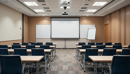 Fototapeta premium Modern Conference Room Blank Projector Screen, Chairs, Whiteboard - Stock Photo