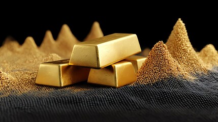 Gold and volatility with stocks Beautifully arranged gold bars on a textured surface, highlighting wealth and luxury. Perfect for finance themes.