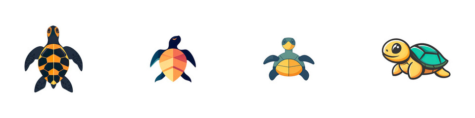 Fototapeta premium Set of 2d illustration of a minimalistic turtle logo with flat colors isolated on transparent background