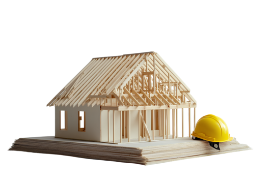 A model house with roof beams and a yellow helmet on top of building materials against a Transparent background PNG 