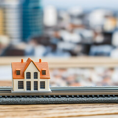 Miniature house model on tracks, city background, real estate concept, showcasing property development