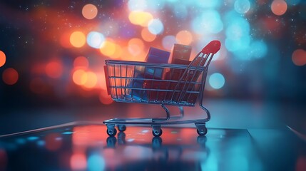 Shopping Cart with Gifts and Bokeh Lights, A shopping cart filled with gift boxes on a reflective surface, surrounded by colorful bokeh lights